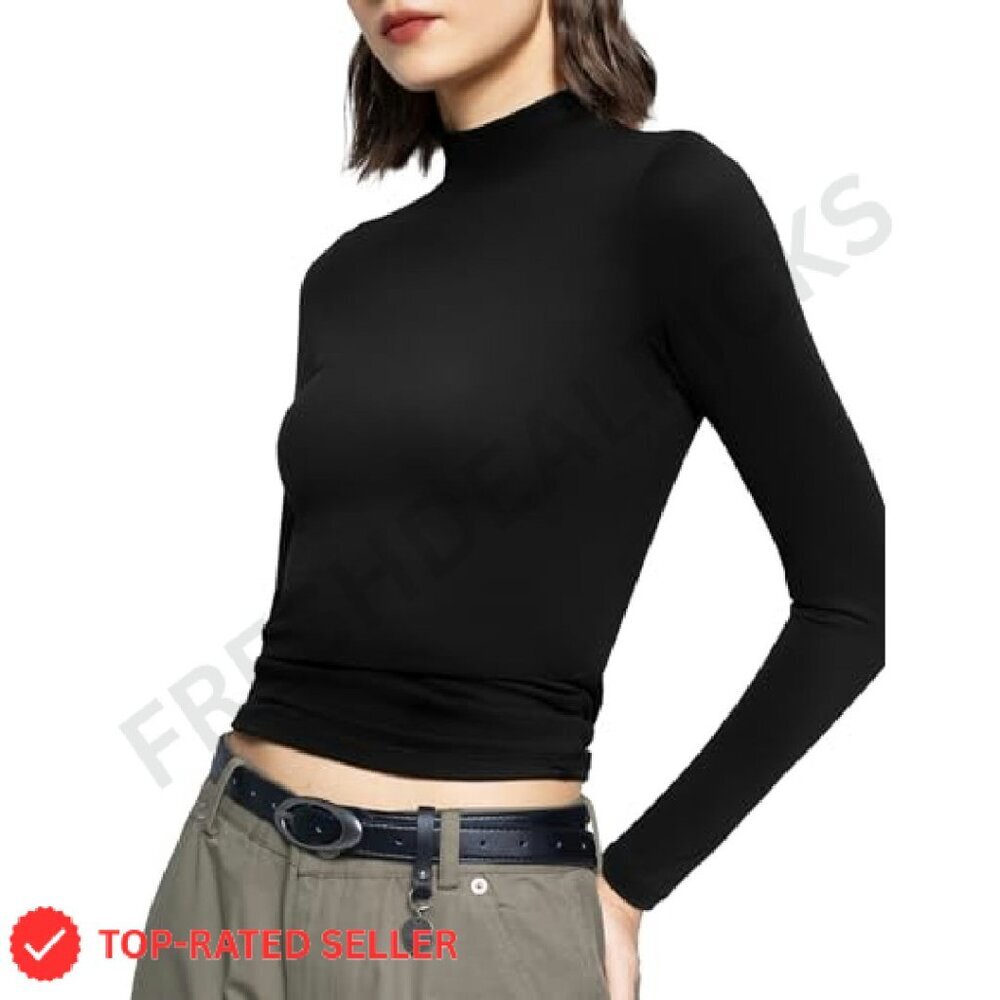 Mock Turtleneck Long Sleeve Tee Slim Fit Y2K Chic Minimal Basic Top - Picture 3 of 8